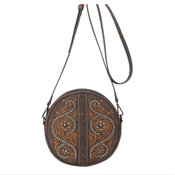 Montana West Floral Embroidered Collection Circle Bag/Crossbody Coffee - Picture 3 of 6